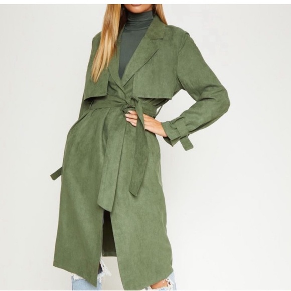 PrettyLittleThing Jackets & Blazers - Olive Green trendy trench. Wear open or tied. NWOT. Size 6. Never worn.